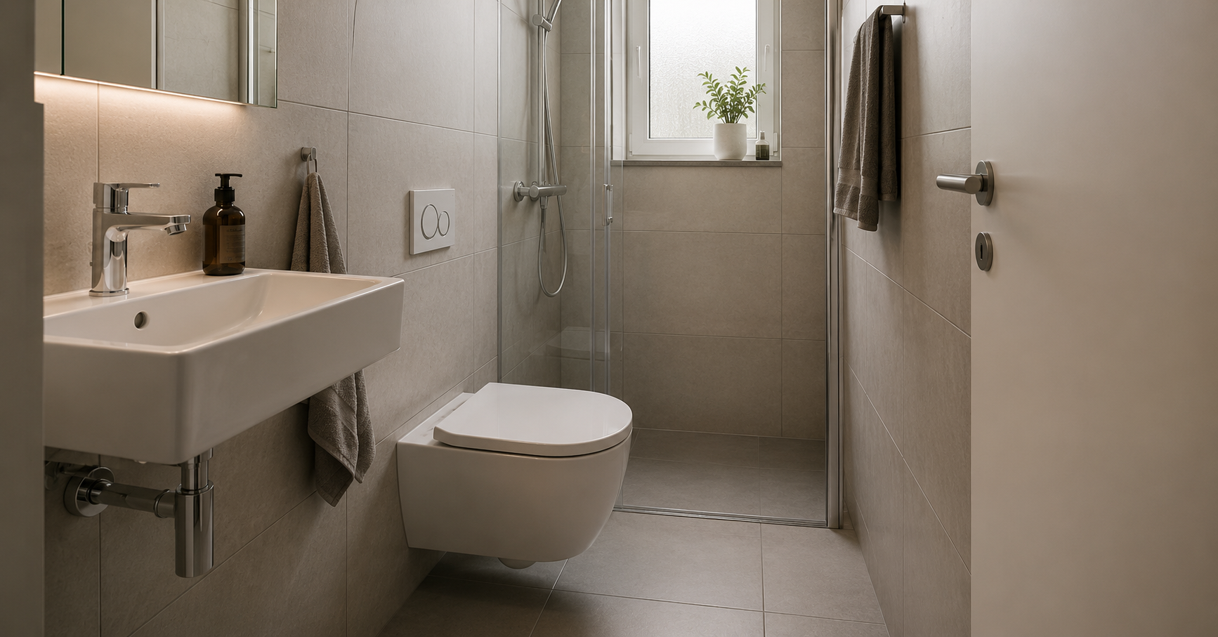 Modernes, helles Badezimmer mit wandhängendem WC, Dusche und Fenster, aufgenommen am 27. August 2026