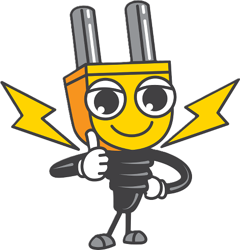 Elektriker Comic-Stecker Maskottchen mit Blitz und Daumen hoch Elektriker Maskottchen als Comic-Stecker mit Daumen hoch und Blitz-Symbolen