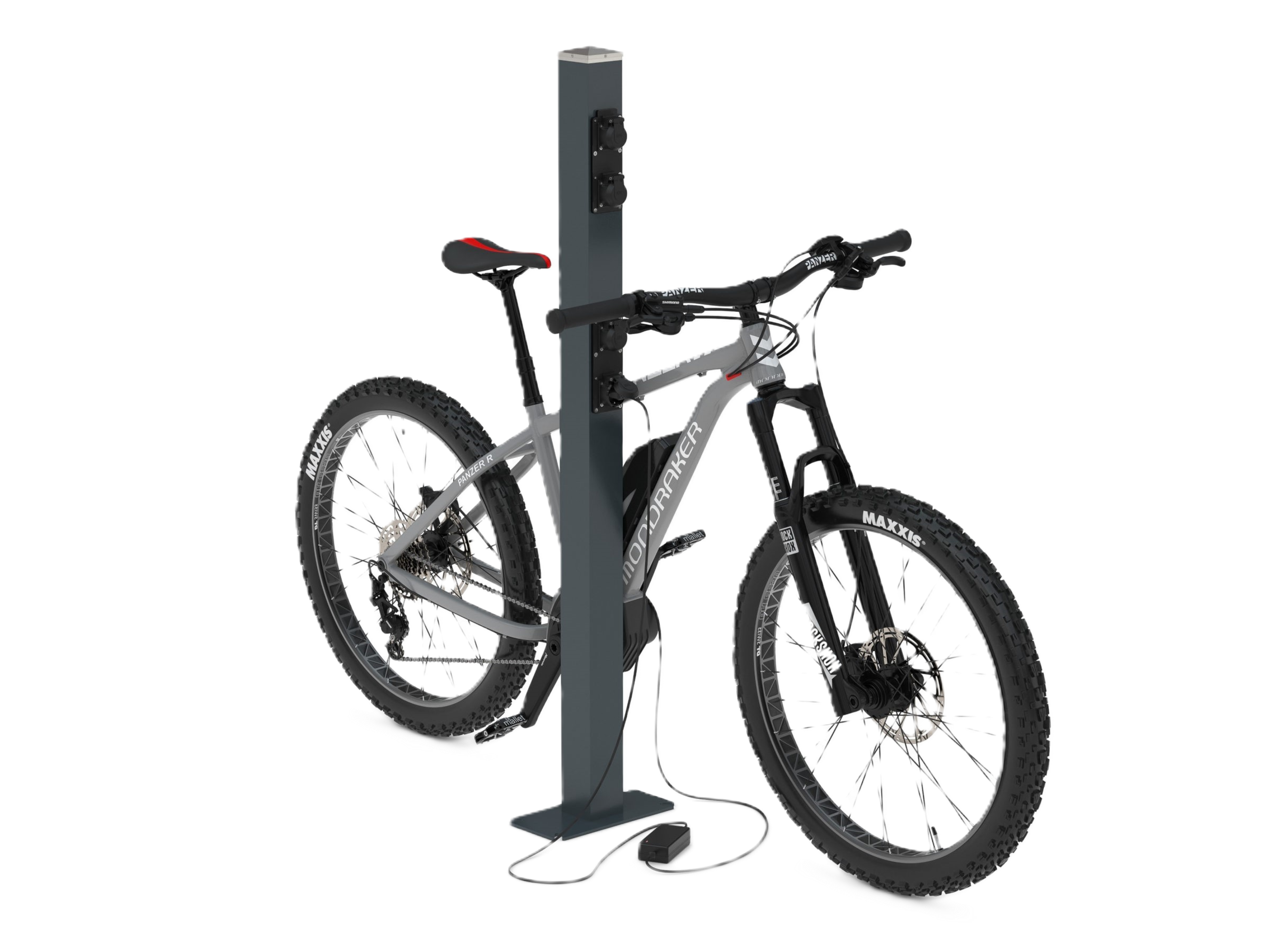 E-Bike-Ladestation mit angeschlossenem E-Bike E-Bike an einer E-Bike-Ladestation angeschlossen