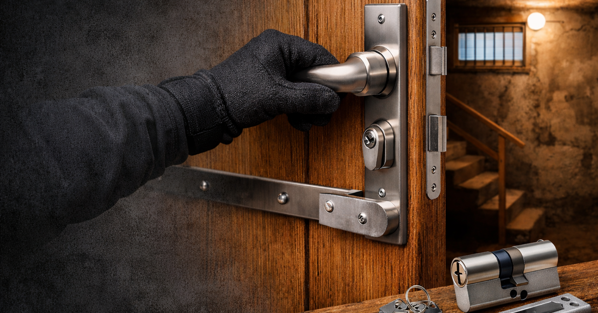 Sicherheitstür im Kellerbereich mit moderner Verriegelung und Handschuh an Türgriff