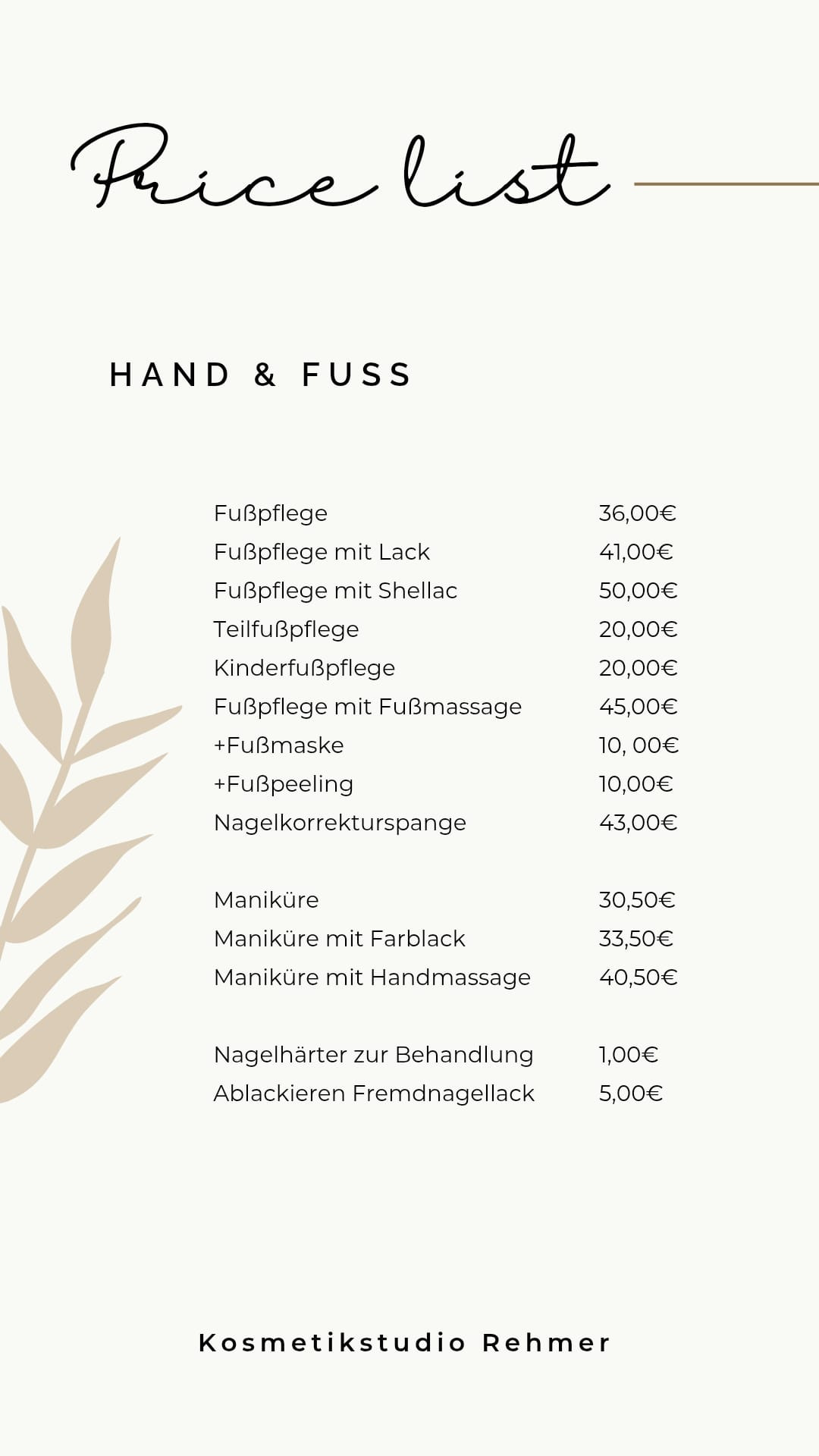 Preisliste für Hand- und Fußpflege, Maniküre und Pediküre mit verschiedenen Behandlungen und Preisen