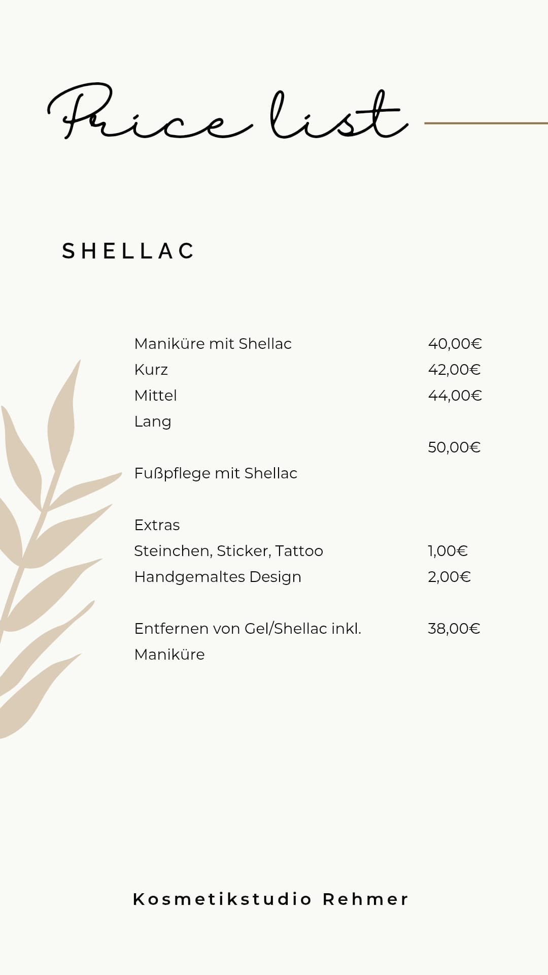 Preisliste für Shellac Maniküre und Fußpflege inklusive Extras wie Steinchen, Sticker, Tattoo und handgemaltes Design.