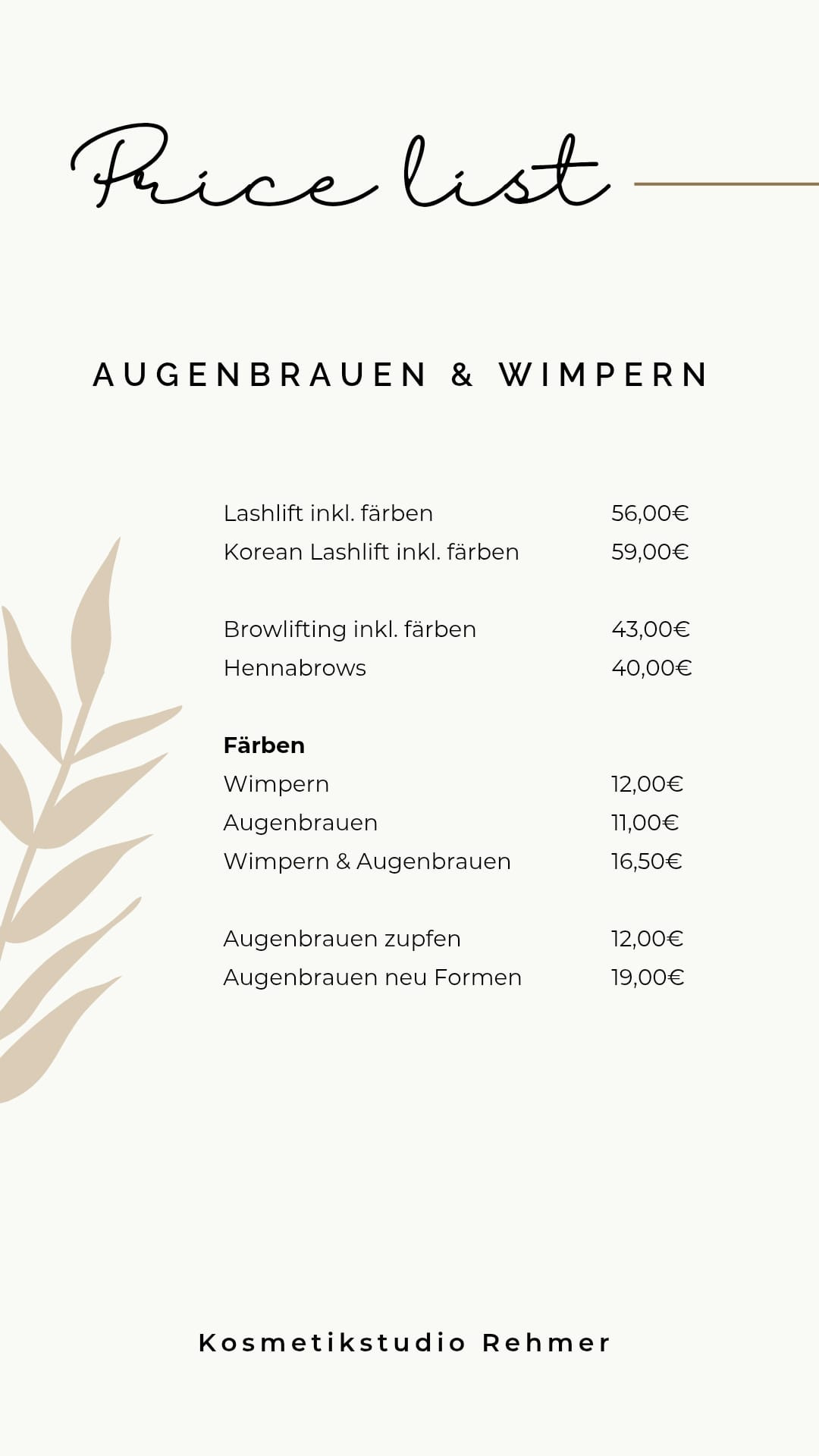Preisliste für Augenbrauen- und Wimpernbehandlungen mit Lashlift, Browlifting, Hennabrows und Färben
