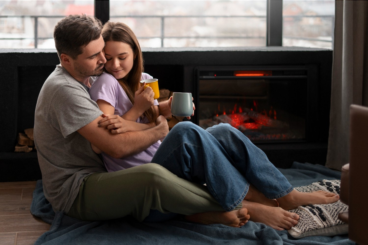 Ein romantisches Paar feiert Valentinstag zusammen zu Hause vor dem Kamin und genießt gemütlich eine Tasse Kaffee.