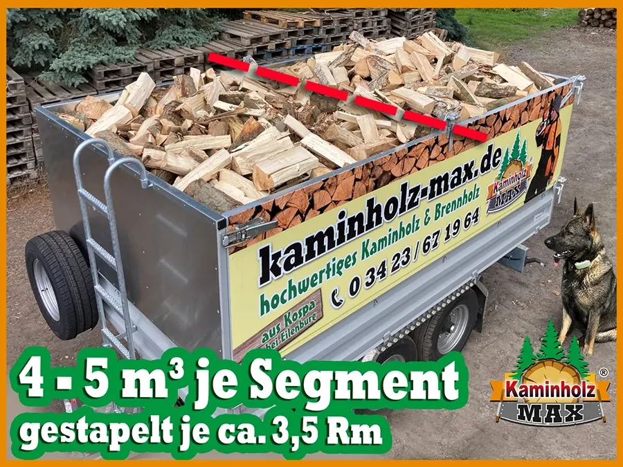 Kaminholz-Lieferung im Liefergebiet Leipzig von Kaminholz Max, gestapeltes Brennholz auf Anhänger