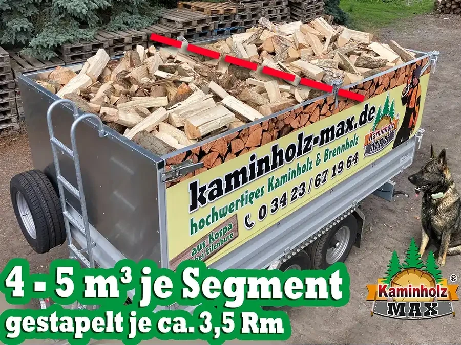 Anhänger mit Kaminholz von kaminholz-max.de, Lieferung hochwertiges Brennholz, 3,5 m³ je Segment, gestapelt