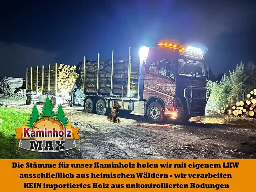 Holztransporter von Kaminholz Max im Februar 2026 bei Nacht, beladen mit Holzstämmen aus heimischen Wäldern