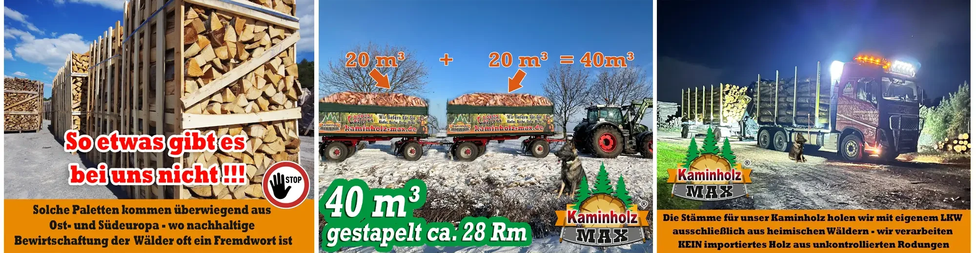 Zwei Anhänger mit Kaminholz von kaminholz-max.de, jeweils 20 m³, zusammen 40 m³, auf schneebedecktem Feld mit Traktor und Hund, Februar 2026