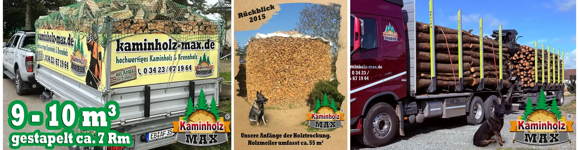Kaminholz MAX Rückblick 2015: Anfänge der Holztrocknung mit Holzmeiler und Hund, ca. 55 m³ Holz