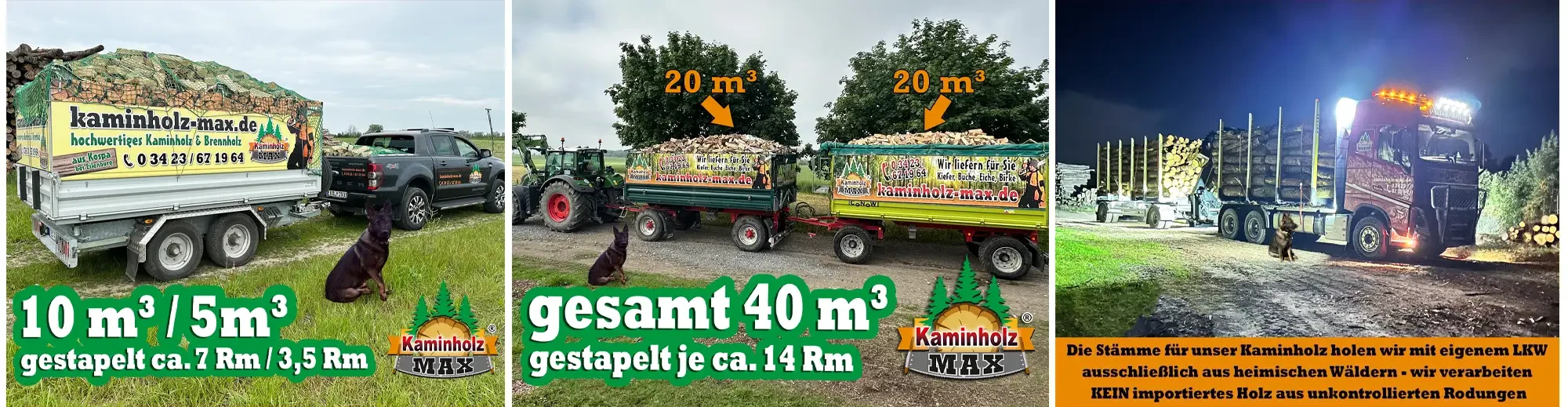 Zwei Traktoren mit Anhängern voller Kaminholz von kaminholz-max.de, jeweils 20 m³, Gesamtmenge 40 m³, gestapelt je ca. 14 Raummeter.