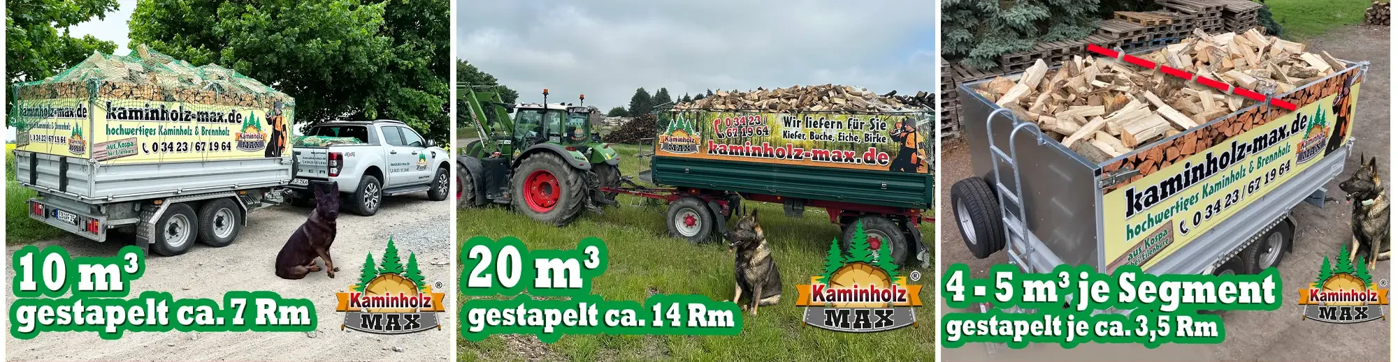 Traktor mit Anhänger voller Kaminholz von Kaminholz Max auf einer Wiese, Werbung für Lieferung von Kiefer, Buche, Eiche und Birke, ca. 14 Raummeter gestapelt