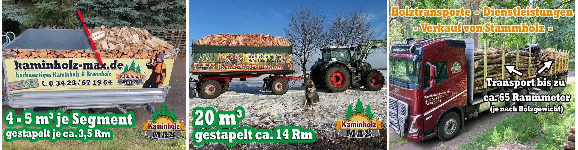 Traktor mit Anhänger voller Kaminholz von kaminholz-max.de im Winter, Lieferung von Kiefer, Buche, Eiche, Birke, ca. 14 Raummeter gestapelt