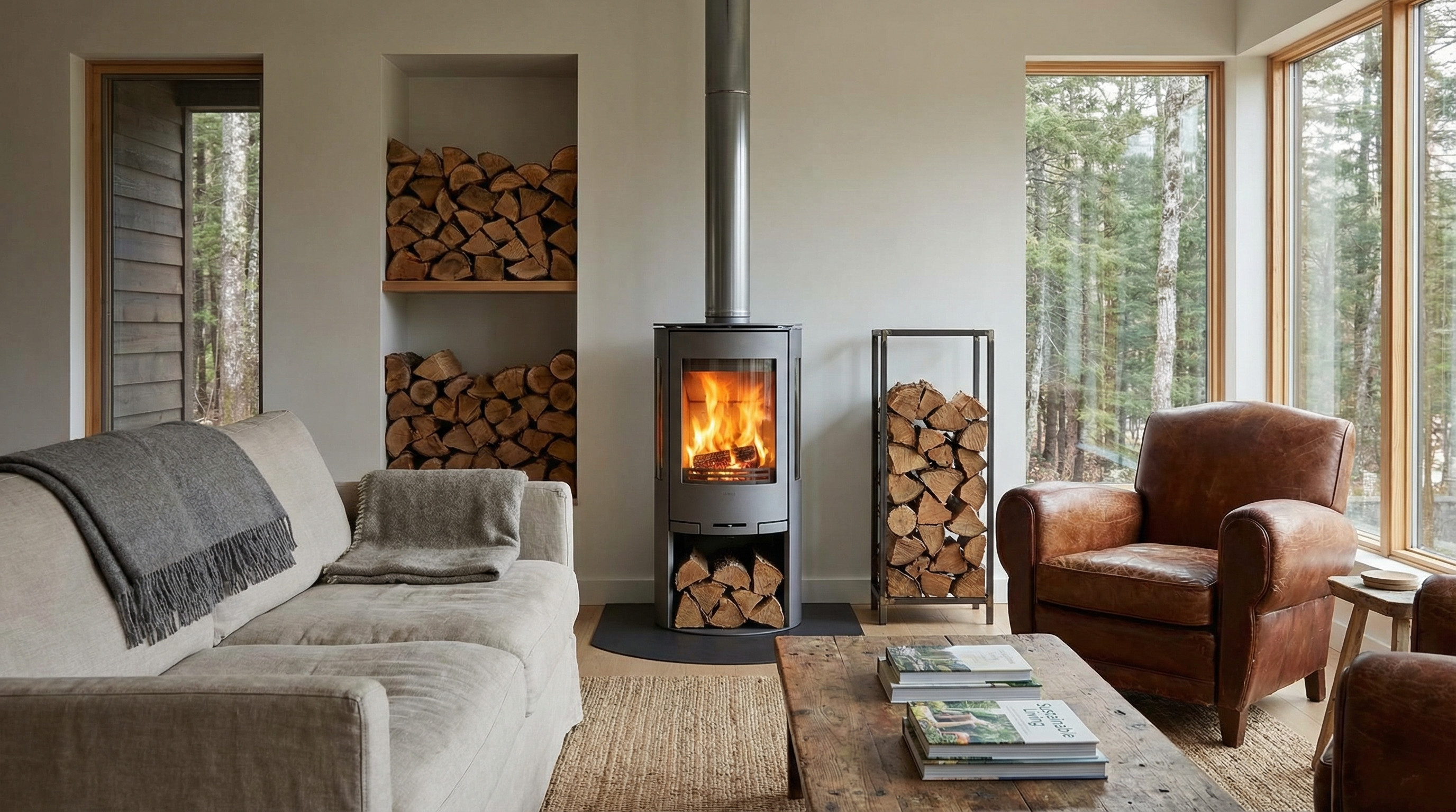 Gemütliches Wohnzimmer mit Kaminofen, Brennholz und moderner Einrichtung