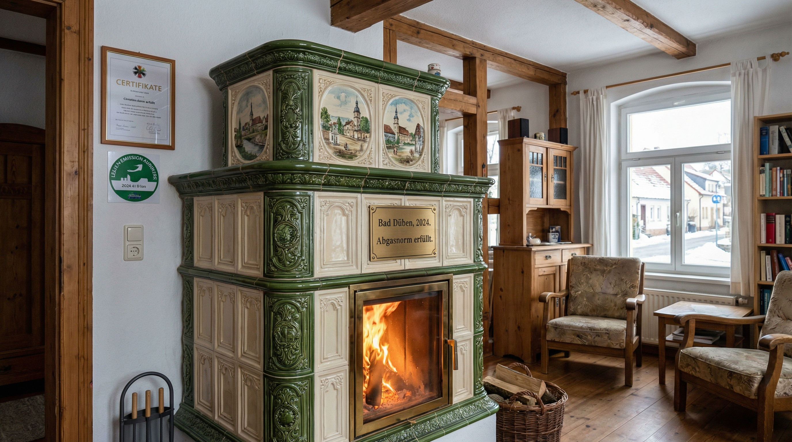Kachelofen in Bad Düben 2024 mit erfüllter Abgasnorm in traditionellem Wohnzimmer
