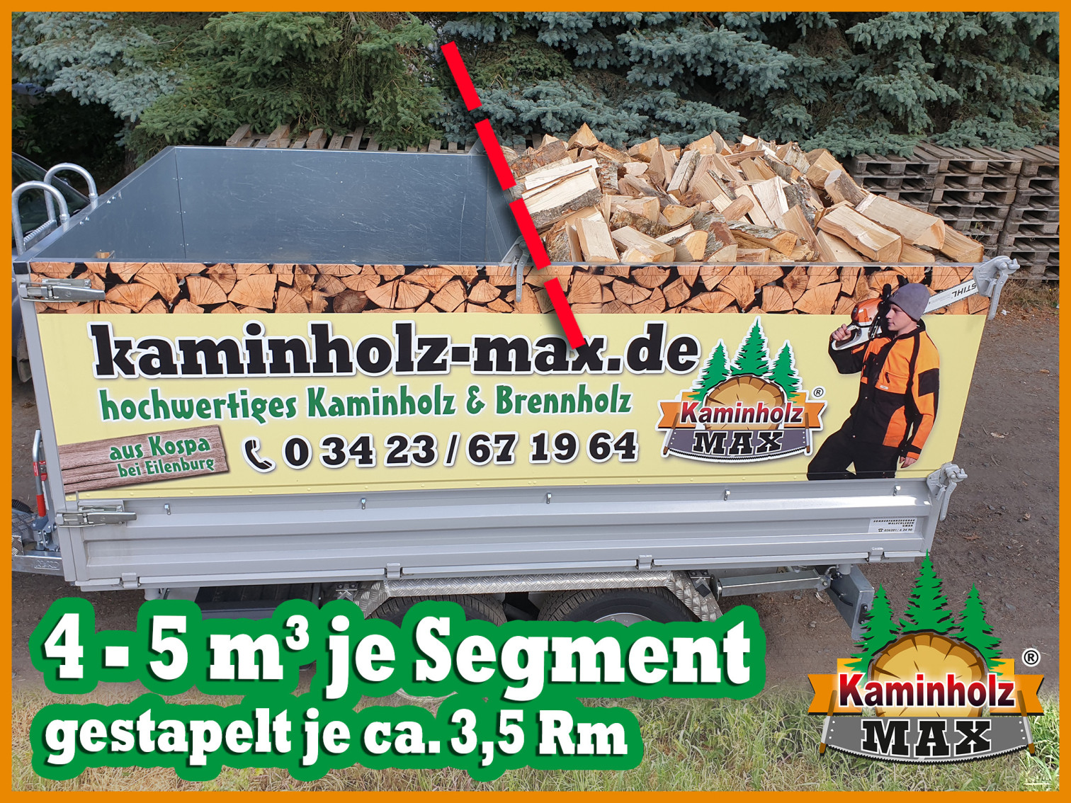 5 m³ Kaminholz je Segment auf Anhänger von Kaminholz Max, Brennholz Lieferung Eilenburg