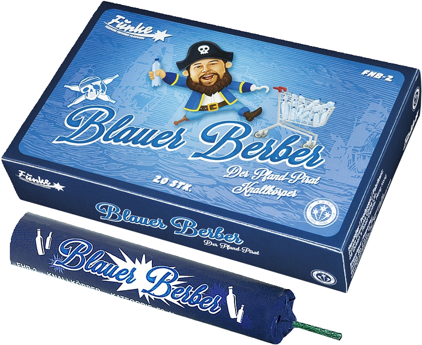 Blauer Berber Knallkörper Verpackung mit Piratenmotiv