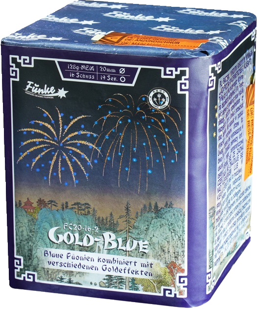 Funke Feuerwerk FC20-16-2 Gold Blue mit blauen Pfingstrosen und Goldeffekten