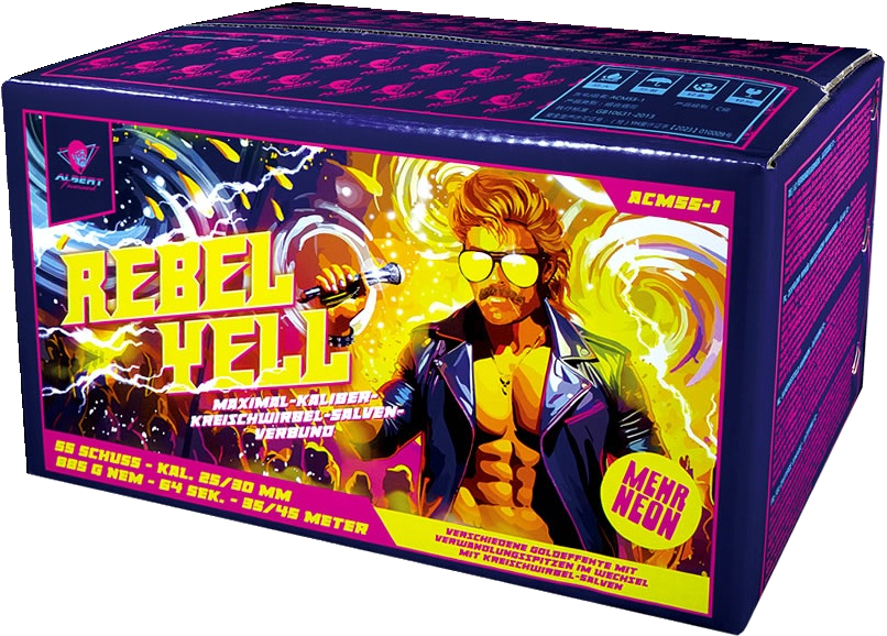 Verpackung des ACM55-1 Rebel Yell Feuerwerks mit neonfarbenem Design