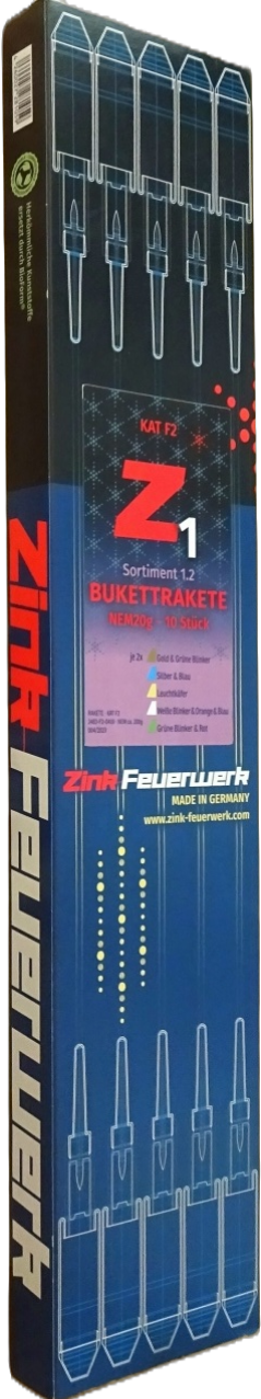 Zink Feuerwerk Bukettrakete Sortiment 1.2 - 10 Stück Raketen, NEM 20g, Made in Germany Zink Feuerwerk Bukettrakete Sortiment 1.2, 10 Stück, NEM 20g, Made in Germany