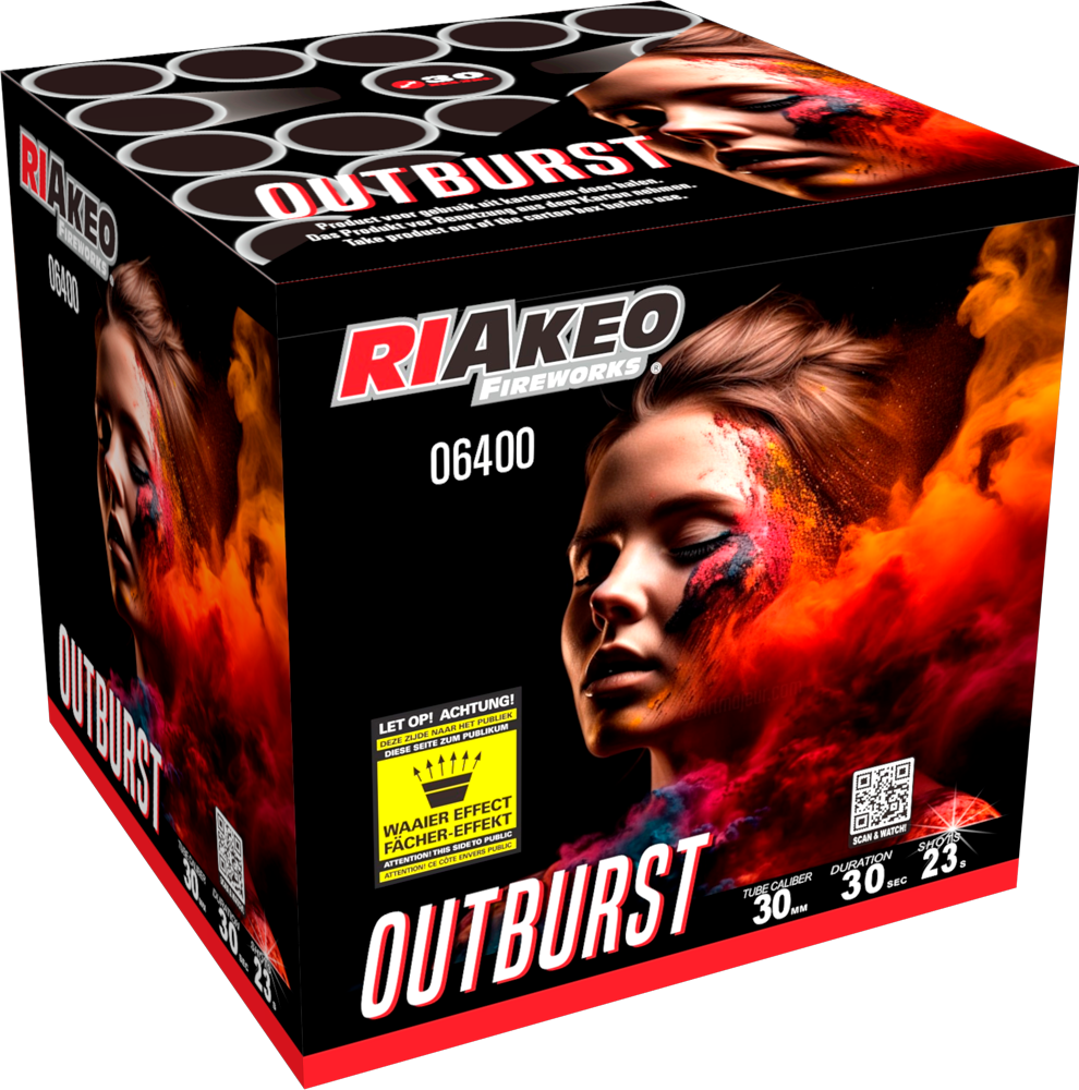 RIAKEO Fireworks OUTBURST Feuerwerksbatterie mit Fächereffekt, Produktverpackung