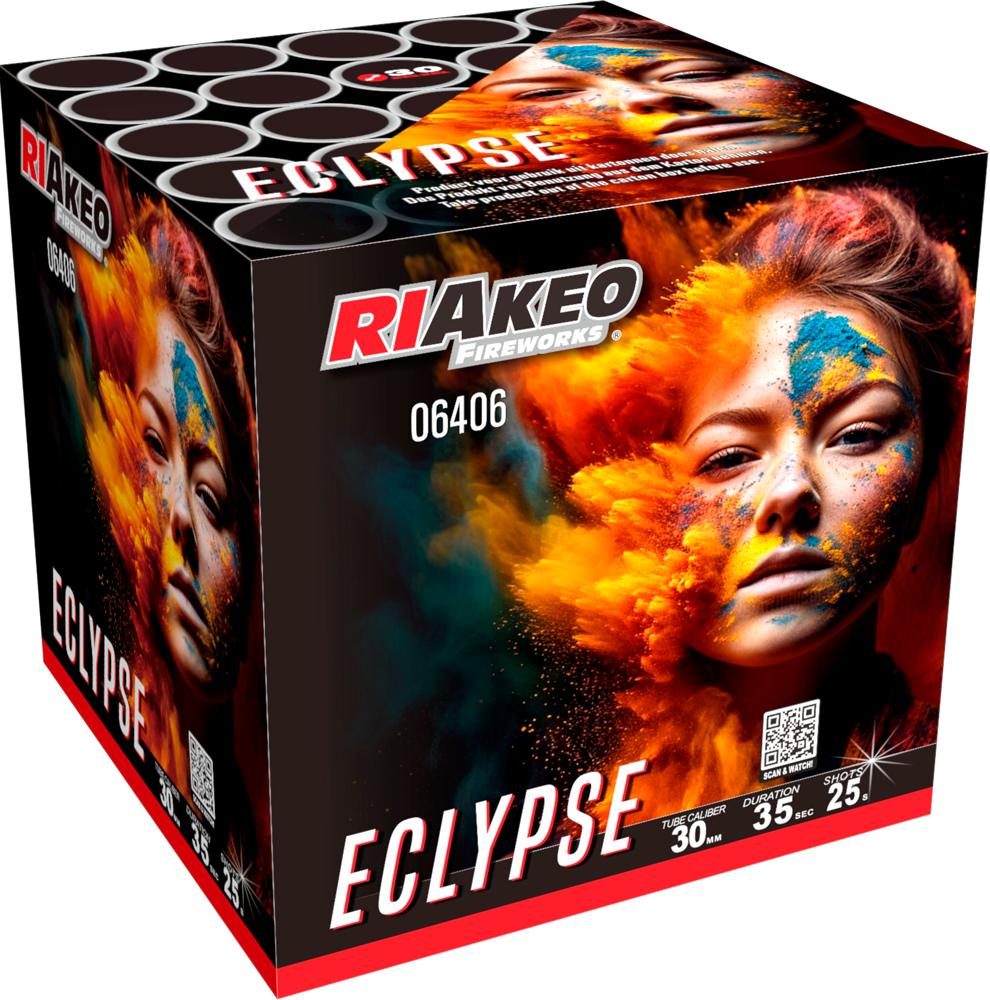 RIAKEO Fireworks ECLYPSE Feuerwerksbatterie mit bunter Verpackung und Artikelnummer 06406