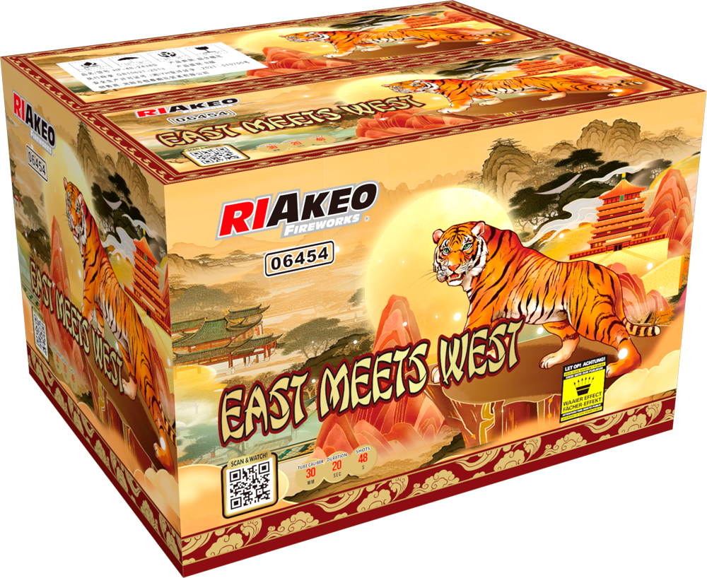 RIakeo Fireworks East Meets West Feuerwerksbatterie mit Tiger und asiatischem Tempelmotiv