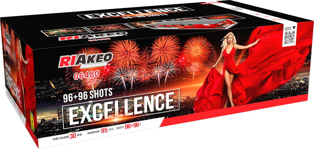 AKEO Fireworks L6480 Excellence Feuerwerksbatterie mit 96+96 Schuss und rotem Feuerwerkseffekt
