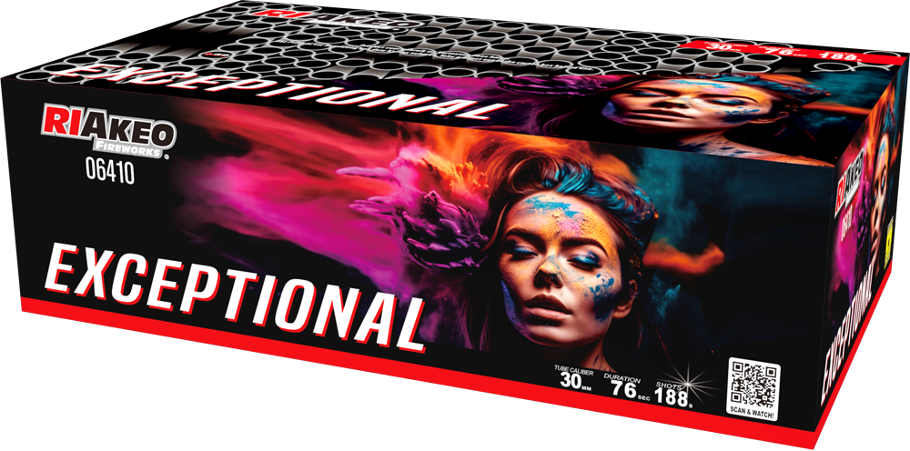 Feuerwerksbatterie mit der Aufschrift 'Exceptional' und buntem Design