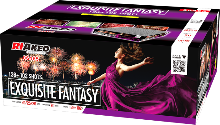 Exquisite Fantasy Feuerwerksbatterie mit 136+102 Schuss, Produktverpackung mit Feuerwerk und Frau im lila Kleid