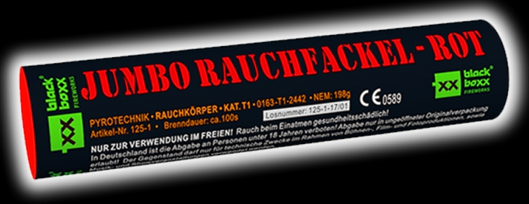 Jumbo Rauchfackel rot – Produktetikett und Details Jumbo Rauchfackel rot, Produktetikett mit Warnhinweisen und technischen Angaben