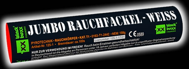 BB125-7 Jumbo Rauchfackel weiß – Produktetikett und Sicherheitshinweise BB125-7 Jumbo Rauchfackel weiß mit Produktbeschreibung und Warnhinweisen auf der Verpackung
