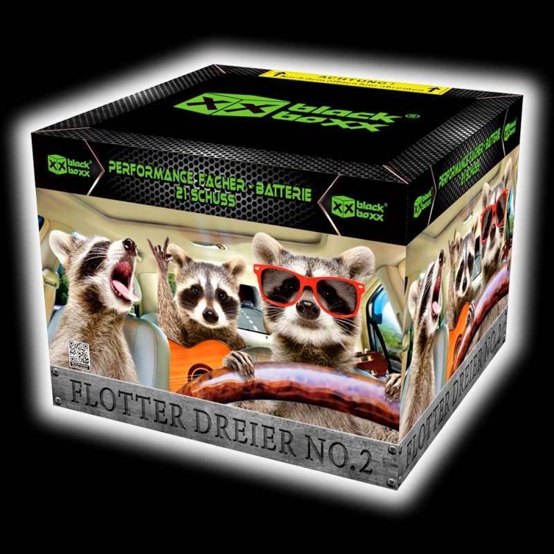 Blackboxx Flotter Dreier No. 2 Feuerwerksbatterie – lustige Waschbären Verpackung Blackboxx Feuerwerk Flotter Dreier No. 2 Batterie mit Waschbären auf der Verpackung