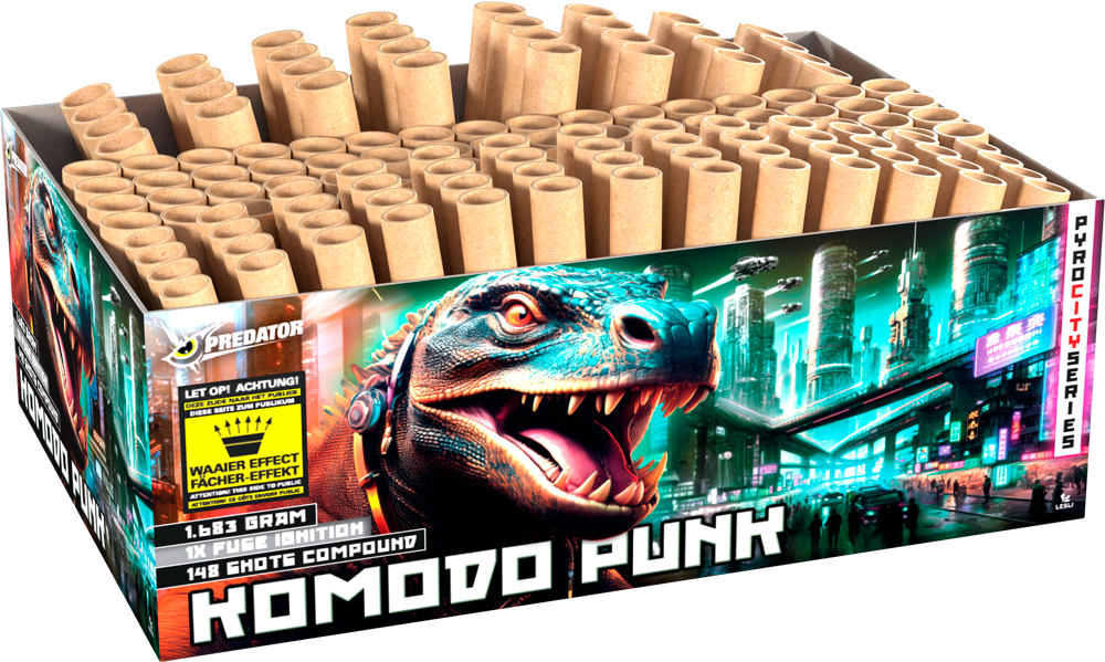 Komodo Punk Feuerwerksbatterie mit futuristischem Komodowaran-Design und Stadtmotiv auf der Verpackung