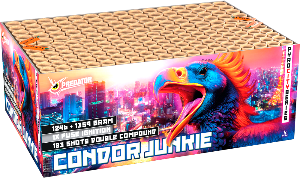 Feuerwerksbatterie Condor Junkie von Predator mit farbenfrohem Kondor und Stadtmotiv auf der Verpackung