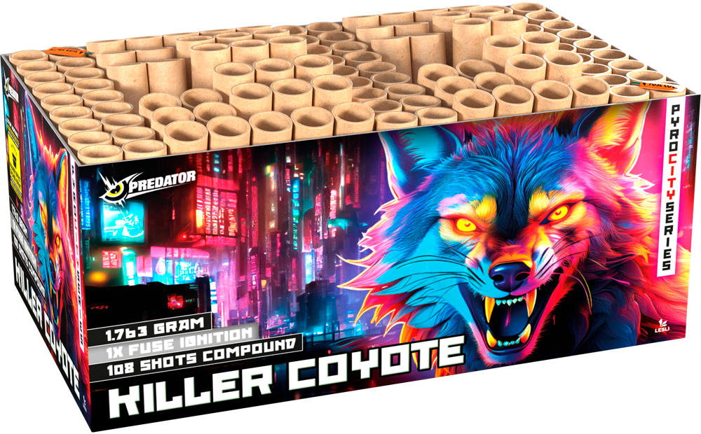 Killer Coyote Feuerwerksbatterie mit neonfarbenem Koyoten-Design von Predator vor futuristischer Stadtkulisse