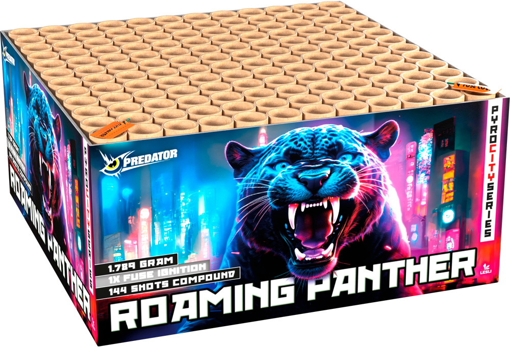 Feuerwerksbatterie Roaming Panther von Predator mit 144 Schuss und neonblauem Panther-Design