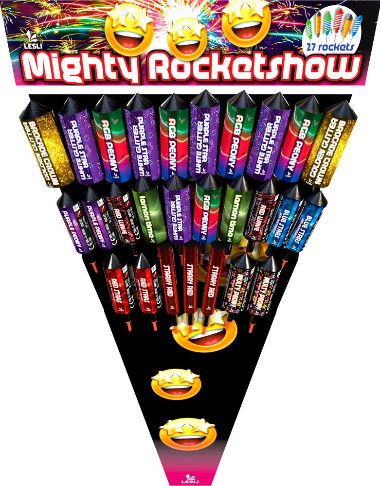 Mighty Rocketshow Feuerwerksraketen-Set – verschiedene Raketen und bunte Effekte Mighty Rocketshow Feuerwerksraketen-Set mit verschiedenen Raketen wie RGB Peony, Lemon Lime, Starry Red und mehr