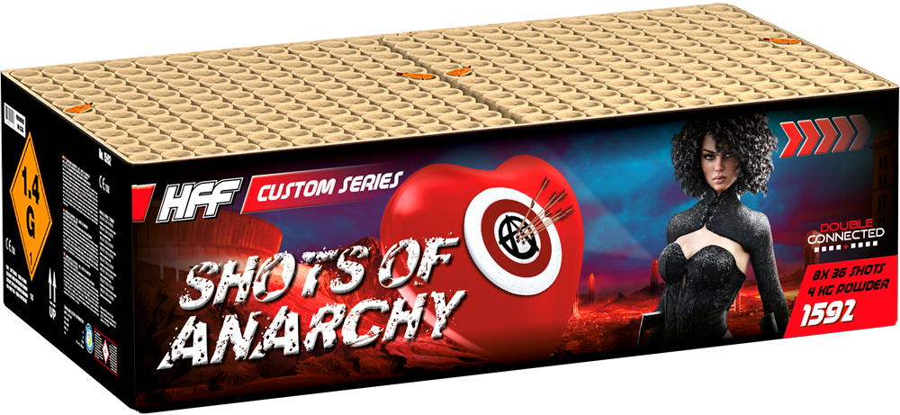 Feuerwerksbatterie Shots of Anarchy aus der Custom Series mit Herz und Zielscheibe