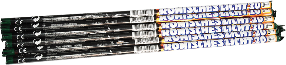 Römisches Licht 20er – Feuerwerksbatterie mit mehreren Röhren Römisches Licht 20er Feuerwerksbatterie – mehrere Röhren mit Aufschrift und Barcode