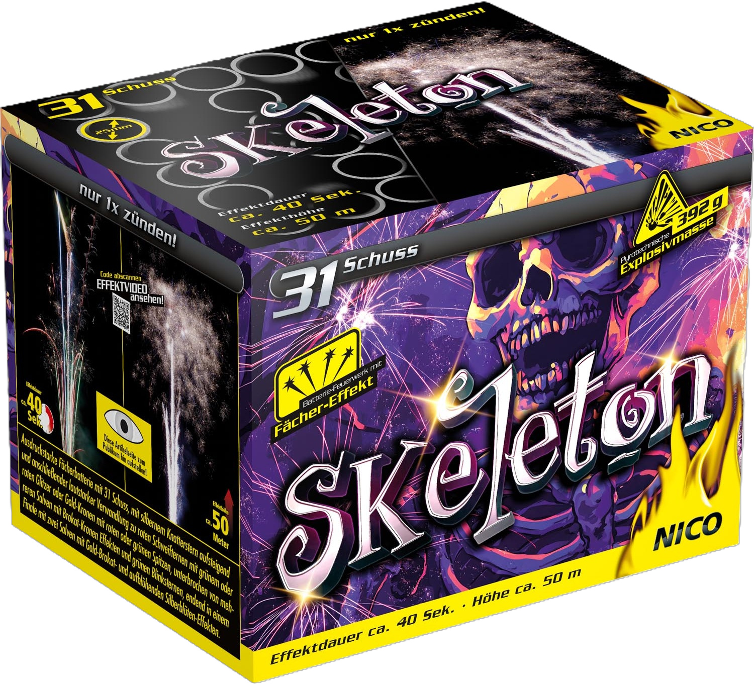 NICO Skeleton Feuerwerksbatterie – 31 Schuss, Fächereffekt, Produktverpackung NICO Skeleton Feuerwerksbatterie mit 31 Schuss und Fächereffekt, Produktverpackung