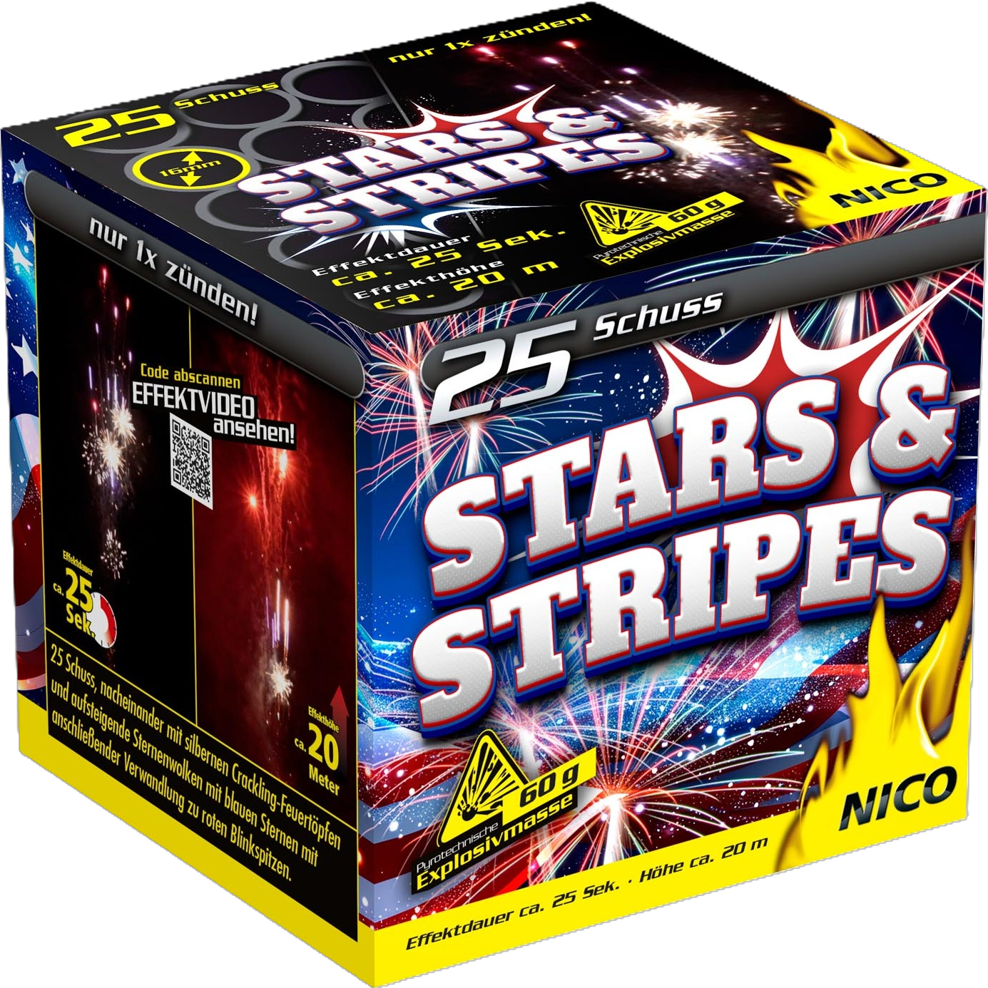 NICO Stars & Stripes Feuerwerksbatterie – 25 Schuss, Crackling-Effekte, bunte Sterne, ca. 25 Sekunden Effektdauer NICO Feuerwerksbatterie Stars & Stripes mit 25 Schuss, Effektfeuerwerk mit Crackling und bunten Sternen