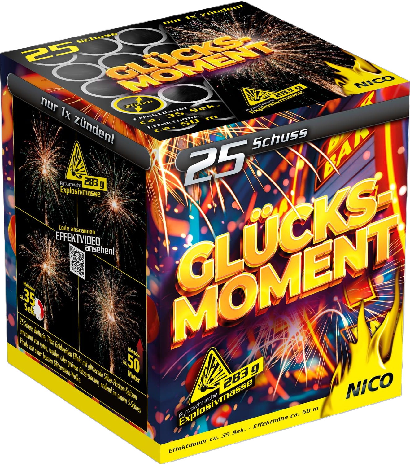 NICO Glücksmoment 25 Schuss Feuerwerksbatterie – Effektbatterie mit 283g Explosivmasse für Silvester NICO Glücksmoment Feuerwerksbatterie mit 25 Schuss, 283g Explosivmasse, Effektbatterie für Silvester