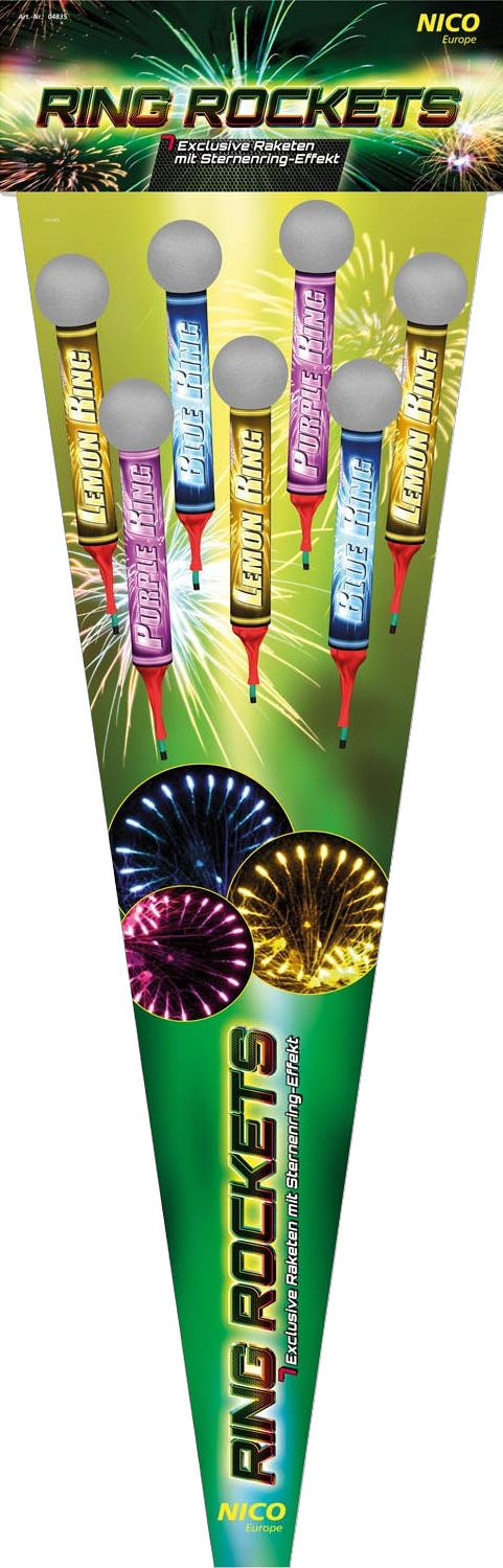 Ring Rockets Feuerwerksraketen in verschiedenen Farben mit Lichteffekten