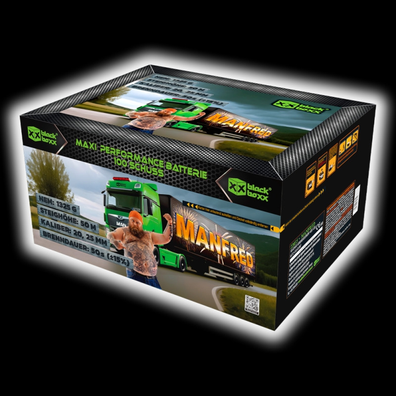 blackboxx Feuerwerksbatterie Manfred – Maxi Performance Batterie mit 100 Schuss blackboxx Feuerwerksbatterie Manfred mit grünem LKW und Produktinformationen