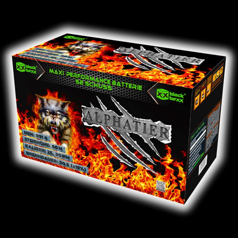 Blackboxx Alphatier Feuerwerksbatterie 52 Schuss – Produktbild mit Wolf und Flammen Blackboxx Feuerwerk Alphatier Maxi Performance Batterie mit 52 Schuss, Produktverpackung mit Wolf und Flammenmotiv