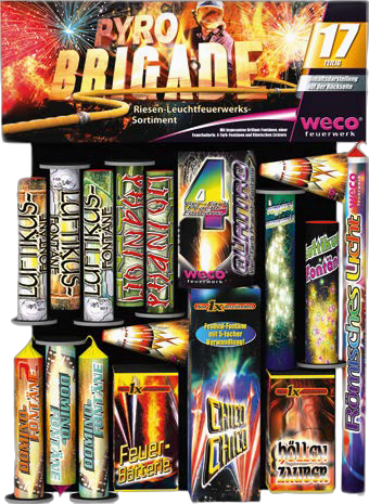 Weco Pyro Brigade Riesen-Leuchtfeuerwerks-Sortiment mit verschiedenen Fontänen und römischen Lichtern