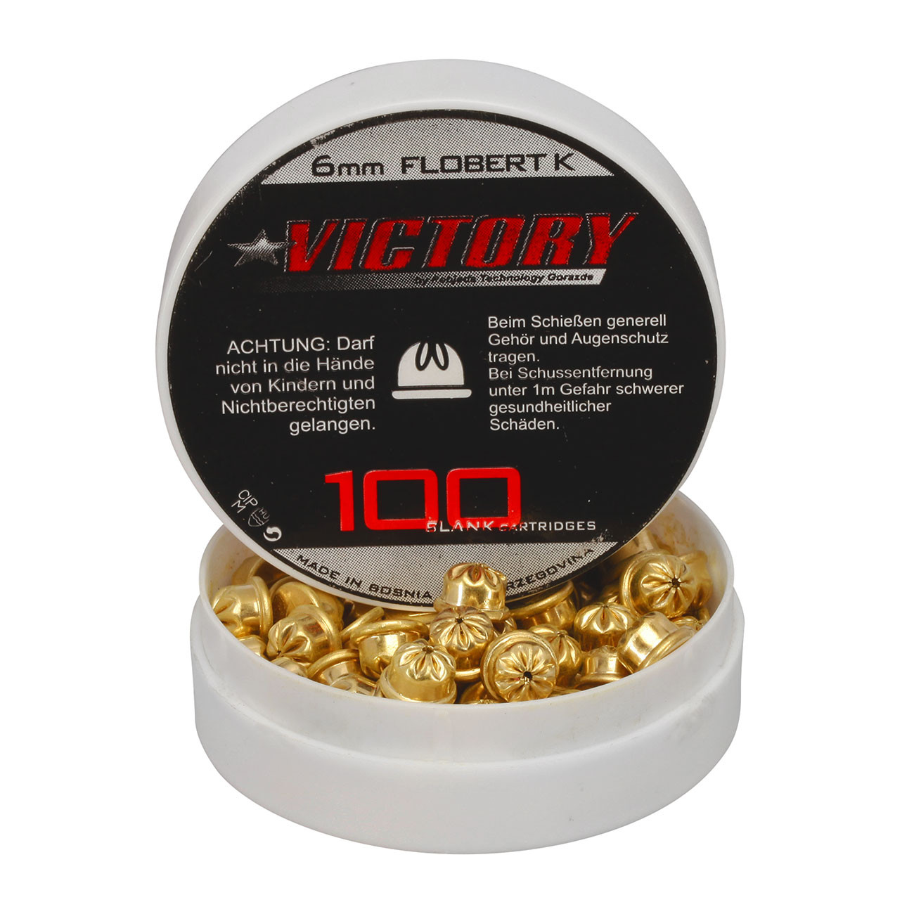 Victory 6 mm Flobert K Platzpatronen in geöffneter Dose, 100 Stück