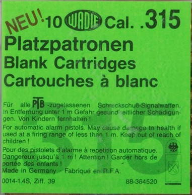Wadie Platzpatronen Kaliber 315 Verpackung, Blank Cartridges für Schreckschusswaffen