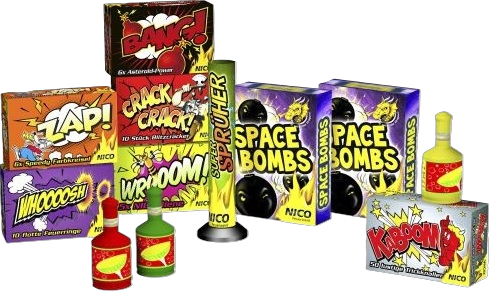Inhalt des Einhorn Mix: Verschiedene Feuerwerksartikel wie Space Bombs, Crack Crack, Wroom, Bang und Sprüher von NICO