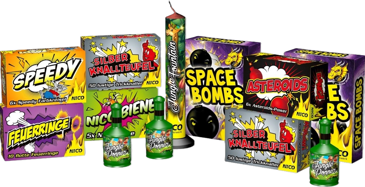 Inhalt des Jungle Mix Feuerwerks mit Silber Knallteufel, Space Bombs, Nico Biene, Jungle Popper und Jungle Fountain